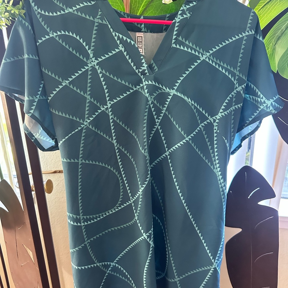 Teal Geometric Patterned Top with Belt